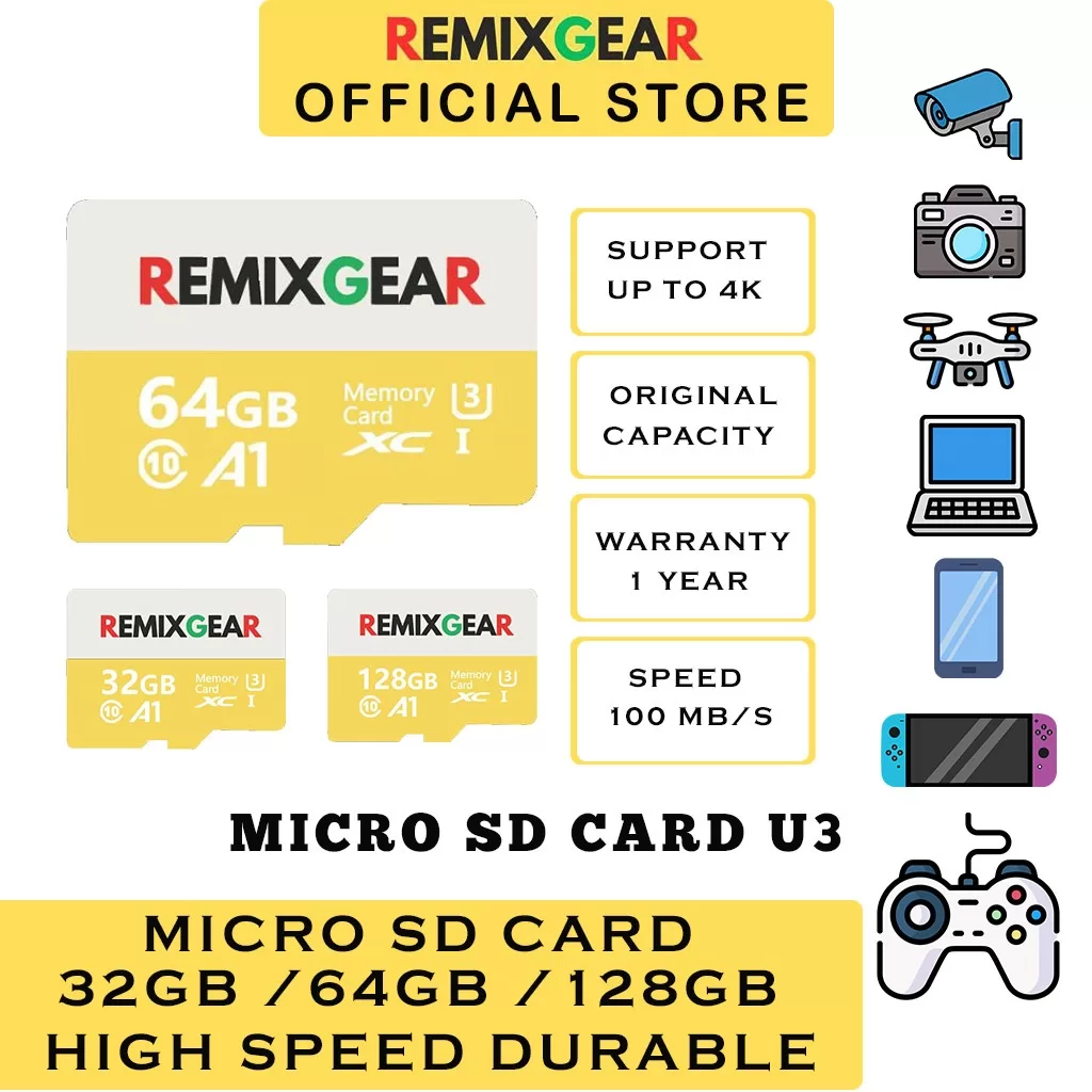 REMIXGEAR Micro SD TF Memory card u3 High Speed 100MB 32GB 64GB 128GB For Phone CCTV Drone Game Console Camera