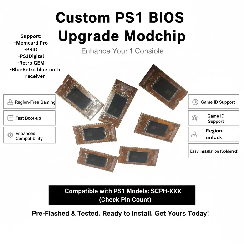 Custom PS1 BIOS Upgrade Chip - Region Free & Game ID Support for MemCard Pro / PSIO / Retro GEM - Pre-Flashed & Tested
